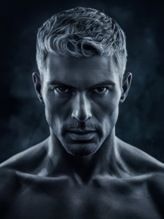 A man with a dark background and no shirt on, AIの素材