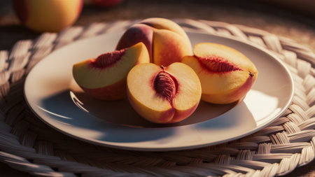 A plate of peaches are on a white plate with cut in half, AIの素材