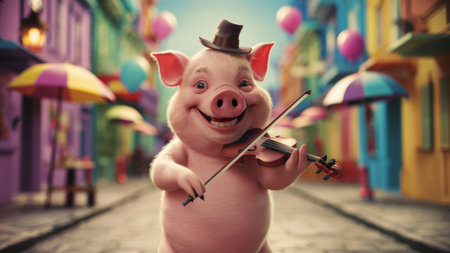 A pig with a top hat and violin playing in the street, AIの素材