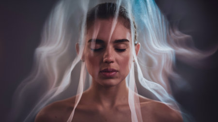 A woman with her eyes closed and smoke coming out of them, AIの素材