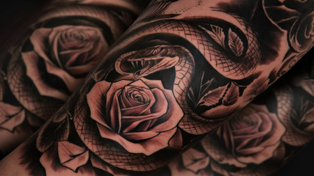 A tattoo of a rose and snake on the arm, AIの素材