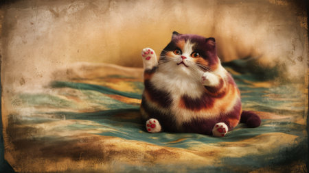 A cat sitting on a bed with its paws up in the air, AIの素材