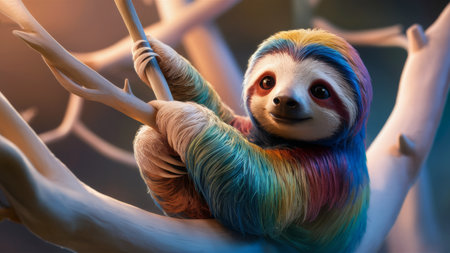 A colorful sloth is sitting on a branch in the tree, AIの素材