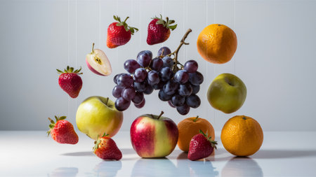 A bunch of fruit arranged in a circle with strings hanging from them, AIの素材
