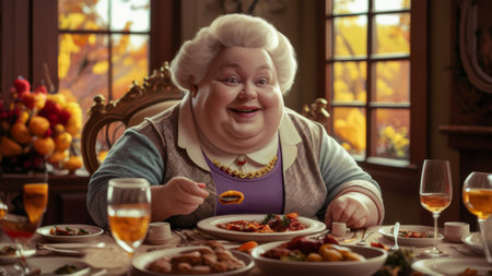 A senior woman sitting at a table with food in front of her, AIの素材