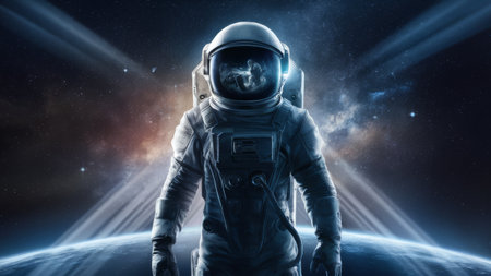 A man in an astronaut suit standing on a planet, AIの素材