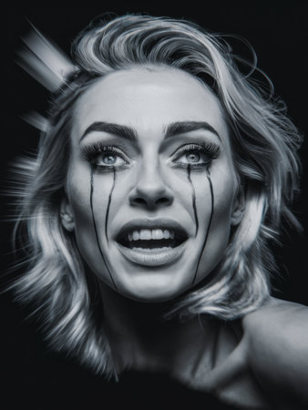A woman with makeup on her face and a black background, AIの素材