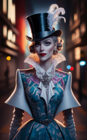 A woman in a top hat and dress with dark makeup, AIの素材