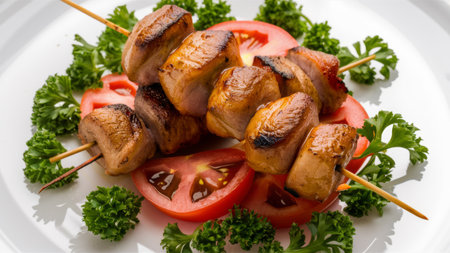 A plate of meat and vegetables on skewers with tomatoes, AIの素材
