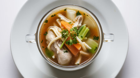 A bowl of soup with noodles, carrots and parsley on a white plate, AIの素材