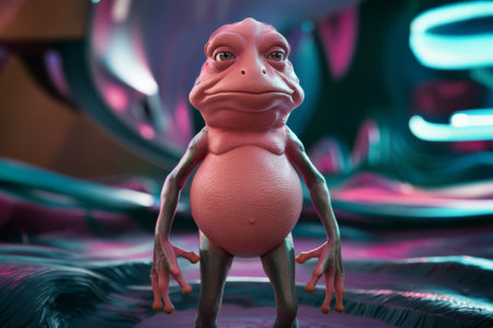 A pink frog with big eyes standing on a colorful background, AIの素材