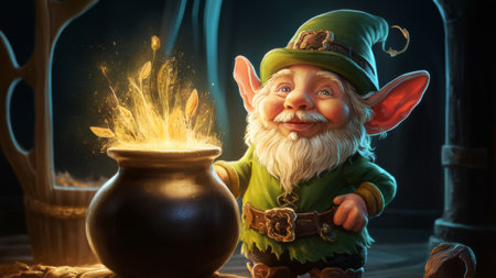 A gnome is pouring gold from a pot into his hand, AIの素材