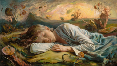 A painting of a woman sleeping on the grass in front of trees, AIの素材