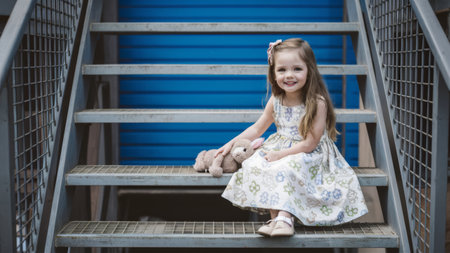 A little girl sitting on a set of stairs with her teddy bear, AIの素材