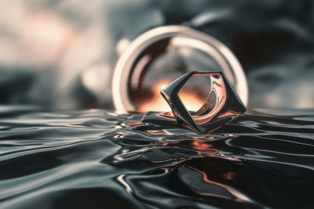 A close up of a ring floating in water with an orange glow, AIの素材