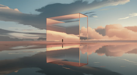 A person standing in a large box with clouds and water, AIの素材