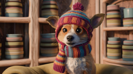 A small dog wearing a hat and scarf sitting on top of some shelves, AIの素材