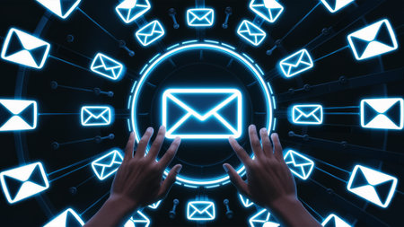 A persons hands are reaching out to an email symbol, AIの素材