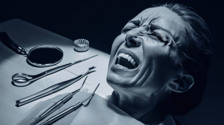 A woman sitting in a dentist chair with her mouth open, AIの素材