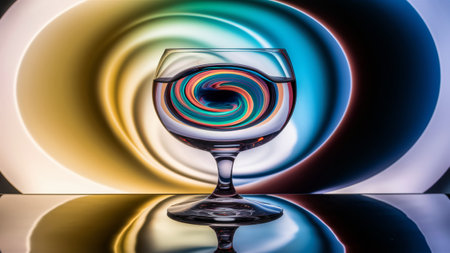 A glass of a wine with swirls in it on top of a table, AIの素材