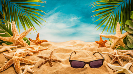 A pair of sunglasses and a starfish are on the sand, AIの素材