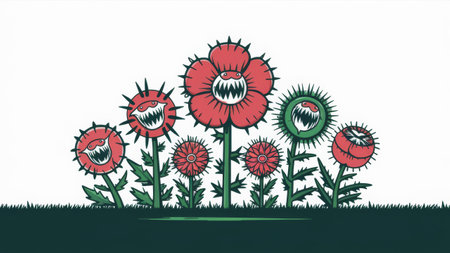 A group of flowers with spikes and green leaves in a field, AIの素材