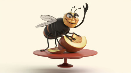 A cartoon bee sitting on top of a red stand with an apple, AIの素材