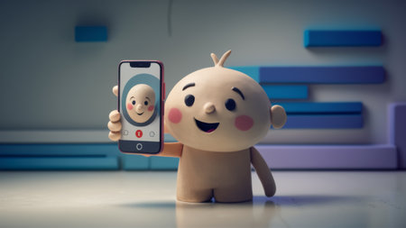 A small toy holding up a cell phone and smiling, AIの素材