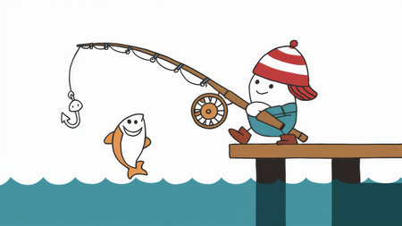 A cartoon character is fishing on a pier with his fish, AIの素材