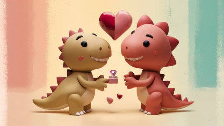 Two cartoon dinosaurs holding a heart shaped box with hearts, AIの素材