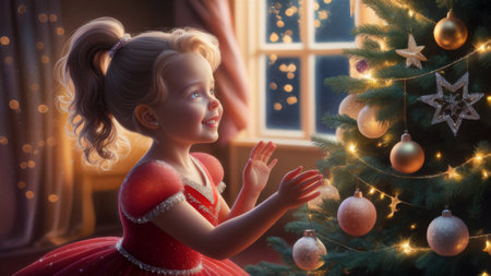 A little girl in a red dress is decorating the christmas tree, AIの素材