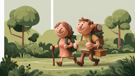 A cartoon of a couple with backpacks walking through the woods, AIの素材