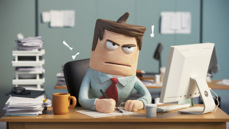 A cartoon character sitting at a desk with his hands on the keyboard, AIの素材