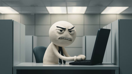 A cartoon character sitting at a desk with his hands on the keyboard, AIの素材