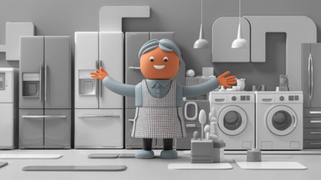 A cartoon character in a kitchen with appliances and other items, AIの素材