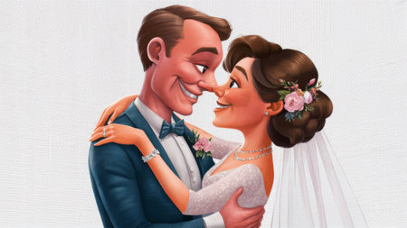 A cartoon drawing of a bride and groom kissing, AIの素材
