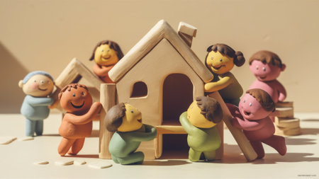 A group of toy figurines are building a house with wooden pieces, AIの素材