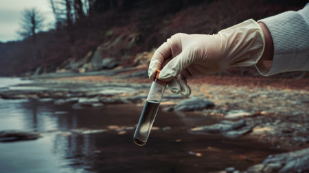 A person in white gloves holding a tube of liquid near water, AIの素材