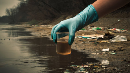 A person in blue latex glove holding a cup of water near the shore, AIの素材