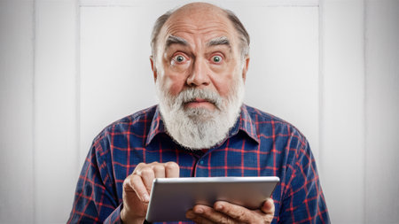 A man with a beard and plaid shirt holding up an electronic device, AIの素材