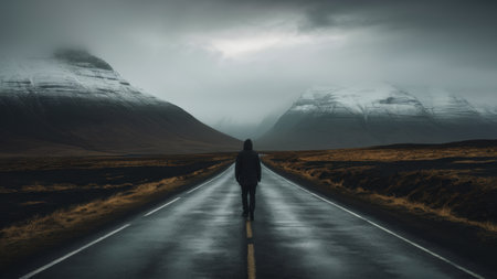 A person walking down a road in the middle of nowhere, AIの素材