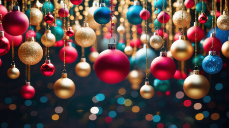 A bunch of christmas ornaments hanging from strings on a wall, AIの素材