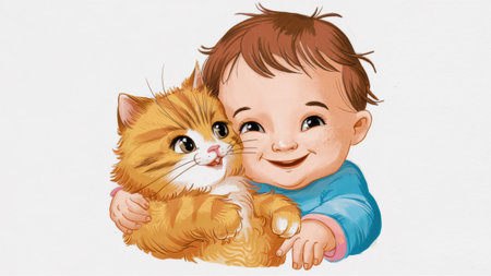 A cartoon drawing of a baby hugging and cuddling with an orange cat, AIの素材