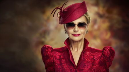 A woman in a red hat and sunglasses with her mouth open, AIの素材