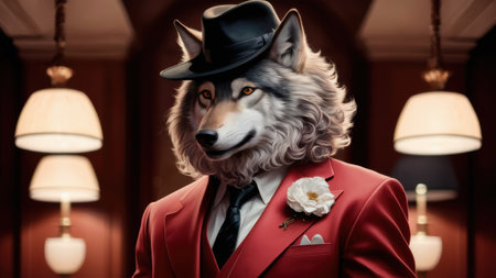 A wolf in a suit with hat and tie standing next to lamp, AIの素材