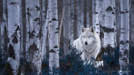 A white wolf in a forest of birch trees with snow on the ground, AIの素材