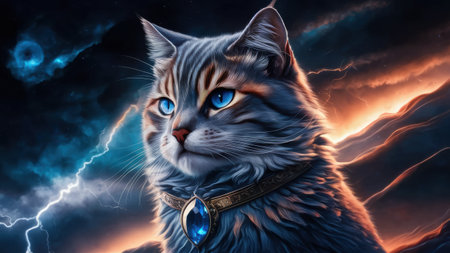 A cat with a blue collar and lightning in the background, AIの素材