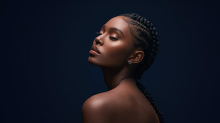 A woman with braids and a black dress is looking up, AIの素材