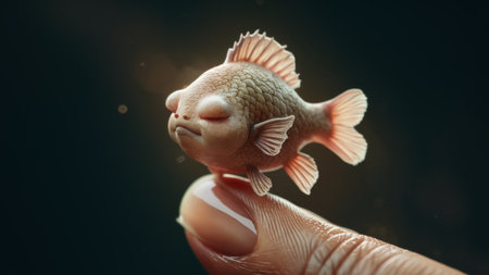 A small fish is sitting on a finger with its eyes closed, AIの素材