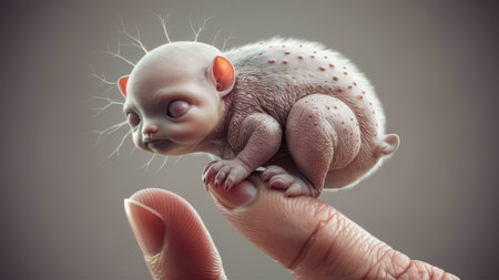 A small baby creature is sitting on a finger, AIの素材